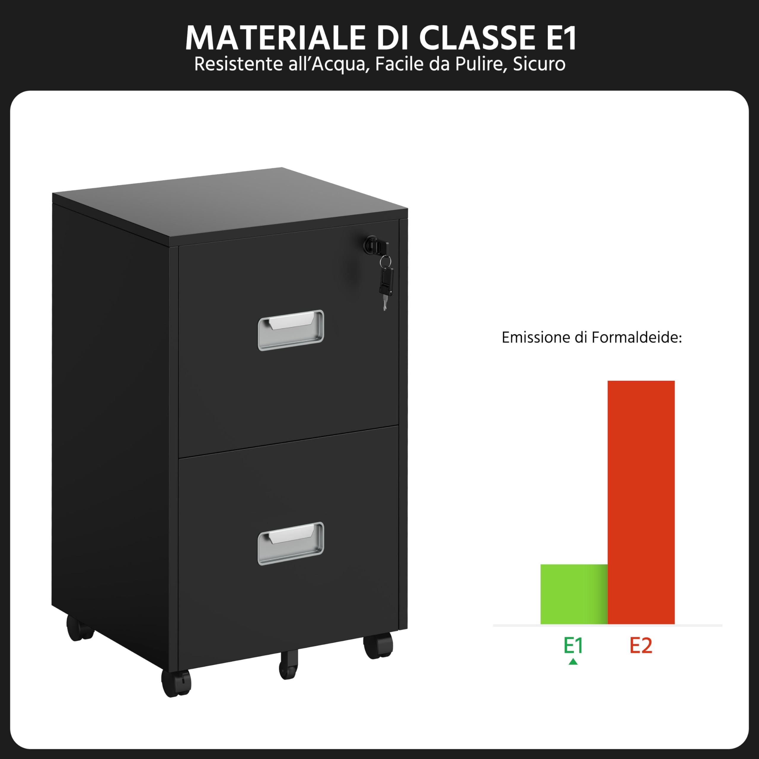 Yaheetech Schedario Portadocumenti con Serratura 2 Cassetti | Mobiletto da Ufficio Rimovibile con Ruote Fissabili Cassettiera per Documenti in Formato A4 Soggiorno Studio 40X40X65cm Nero
