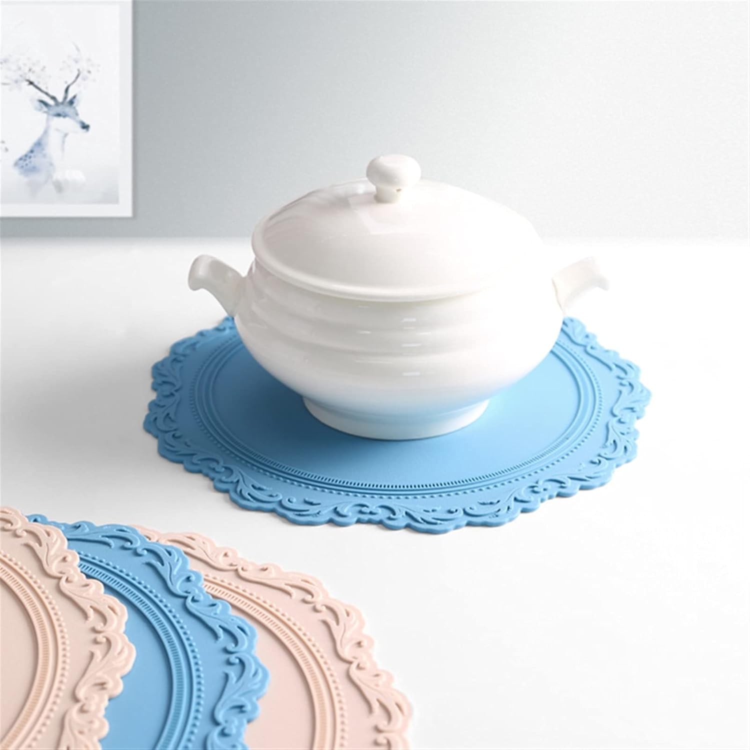 Trivets Lace Cup Embossed Insulation Table Mat Patterned Table Mat Heat-Resistant Silicone Mat Drink Coaster (Color : Pink)