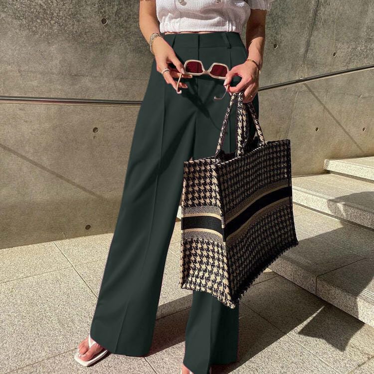 Image of Aahwan Solid Dark Green Loose Fit Wide Legs Korean Baggy High Rise Pants for Women's & Girls' with Pocket