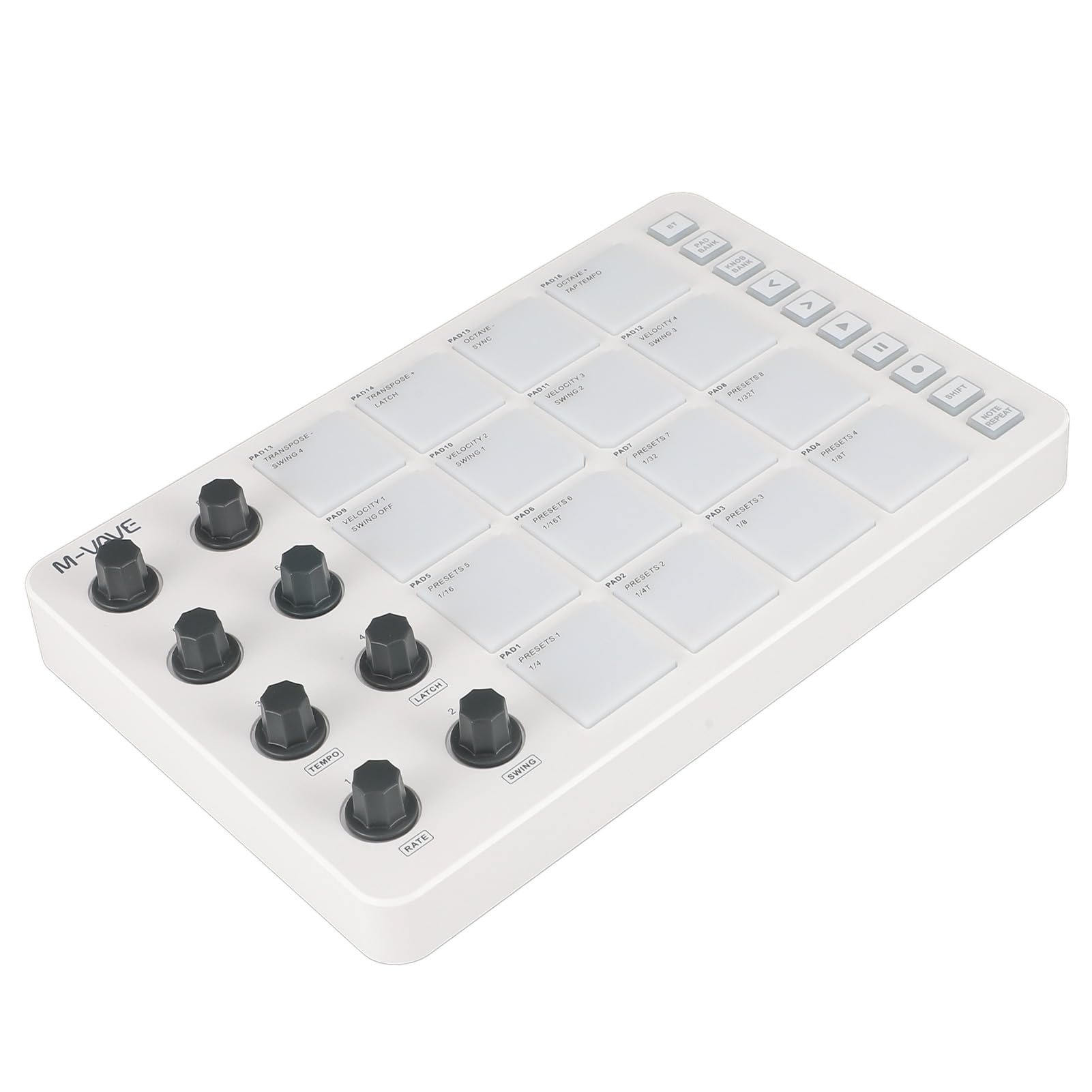 Bewinner Tragbarer Bluetooth-MIDI-Controller, 16 RGB-beleuchtete Drum-Pads mit 8 Zuweisbaren Knöpfen, Notenwiederholung, Geringe Latenz, Kabelloser MIDI-Pad-Controller für Live FL Studio Logic Pro X