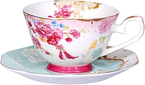 Bone China - Juego de tazas de té y platillo, taza de té estilo real vintage, juego de flores rojas, 7 onzas
