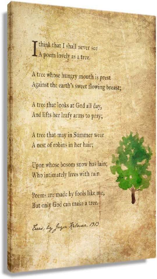 Trees Poem Quote Wall Art Prints Vintage Framed Pictures Modern Abstract Canvas Living Room Wall Decor Poetry Posters Framed (12x18 inch)