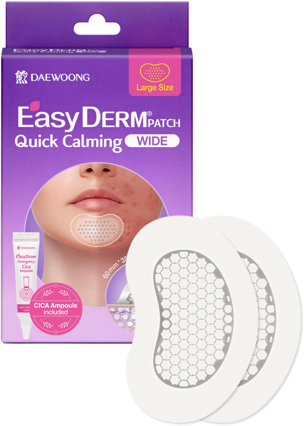 EasyDerm Quick Calming Magnesium Patches WIDE – 2 Large Face Acne Patches for Breakouts, TikTok Viral Microdot, With Bonus CICA Mini Ampoule, Summer