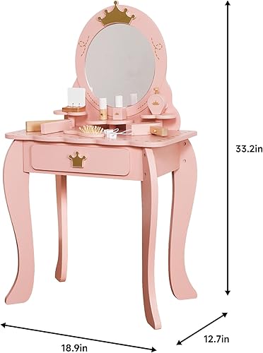Miniatura 5 de Mesa de maquillaje para niña pequeña con espejo y silla, juego de mesa y silla para niños con cajón de almacenamiento, tocador para niños pequeños