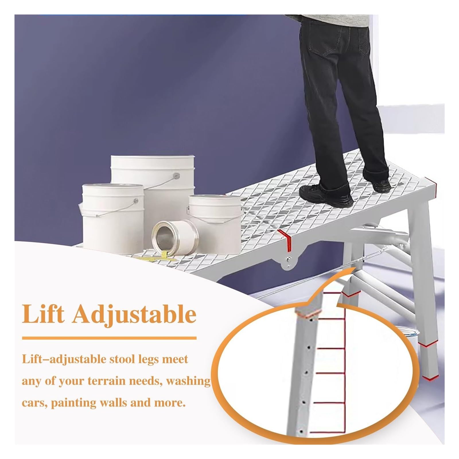 Plataforma con trampilla, Andamios para Cortar setos, Soportes Ajustables para Patas, Plataforma de Trabajo para escaleras, Plataforma Plegable Industrial para Lavado de vehículos.
