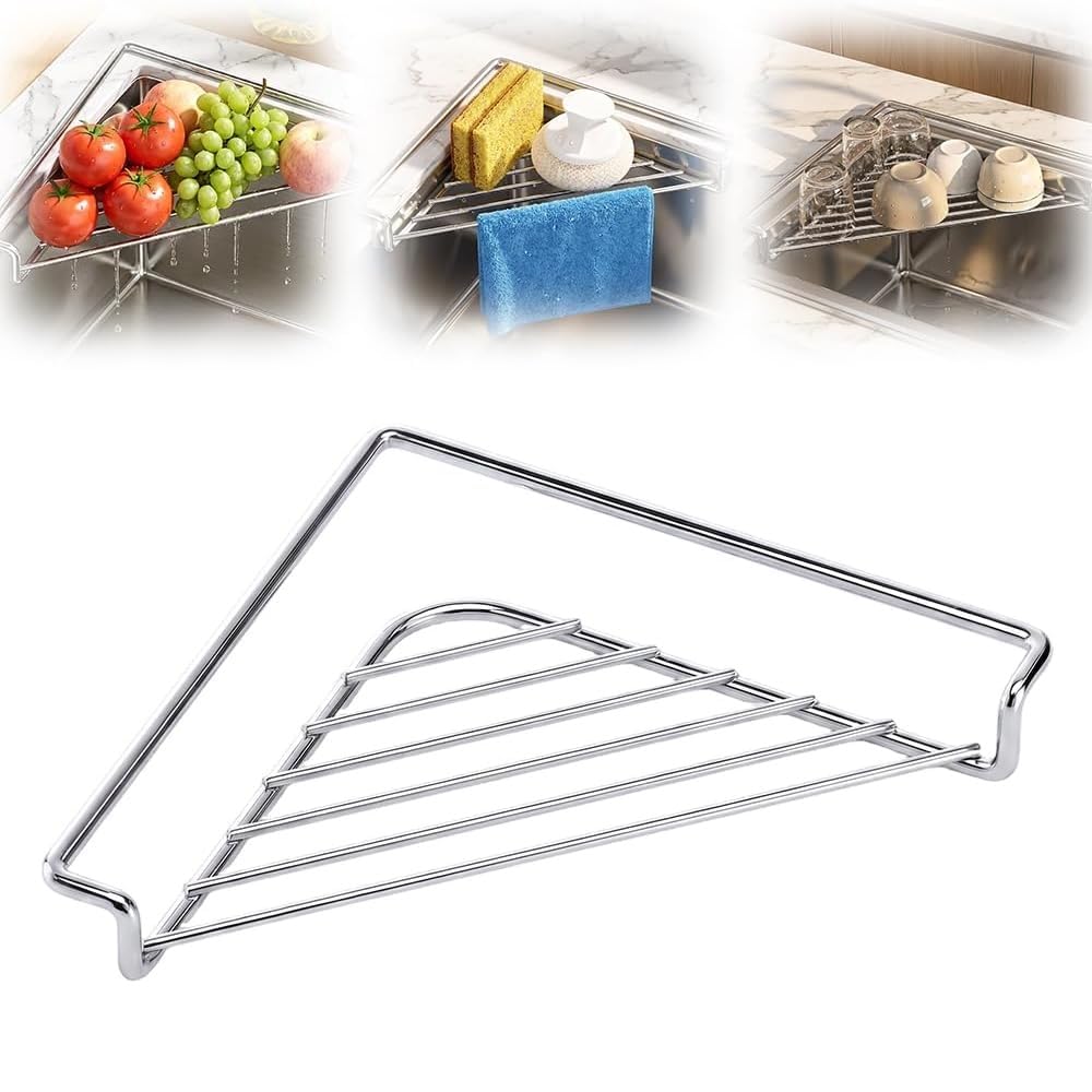Stainless Steel Corner Sink Shelf Triangular Open Wire Rack Organizer, 1pcs