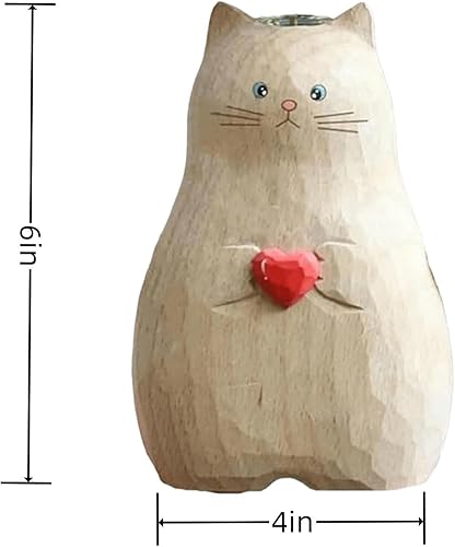Miniatura 6 de Febohao Jarrón de flores de estatua de gato, decoración de madera maciza hecha a mano, moderno y minimalista, florero de corazón, alto para el