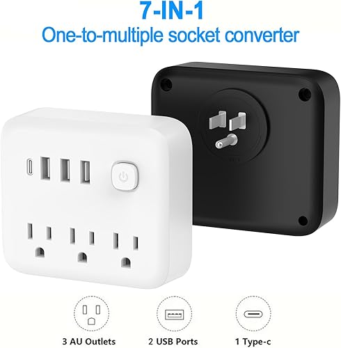 Miniatura 4 de FXZ Regleta de conversión de regleta de alimentación con 3 tomas amplias y puerto 3USB-A y 1USB-C, 1875 W15 A, protección contra sobrecarga, montaje