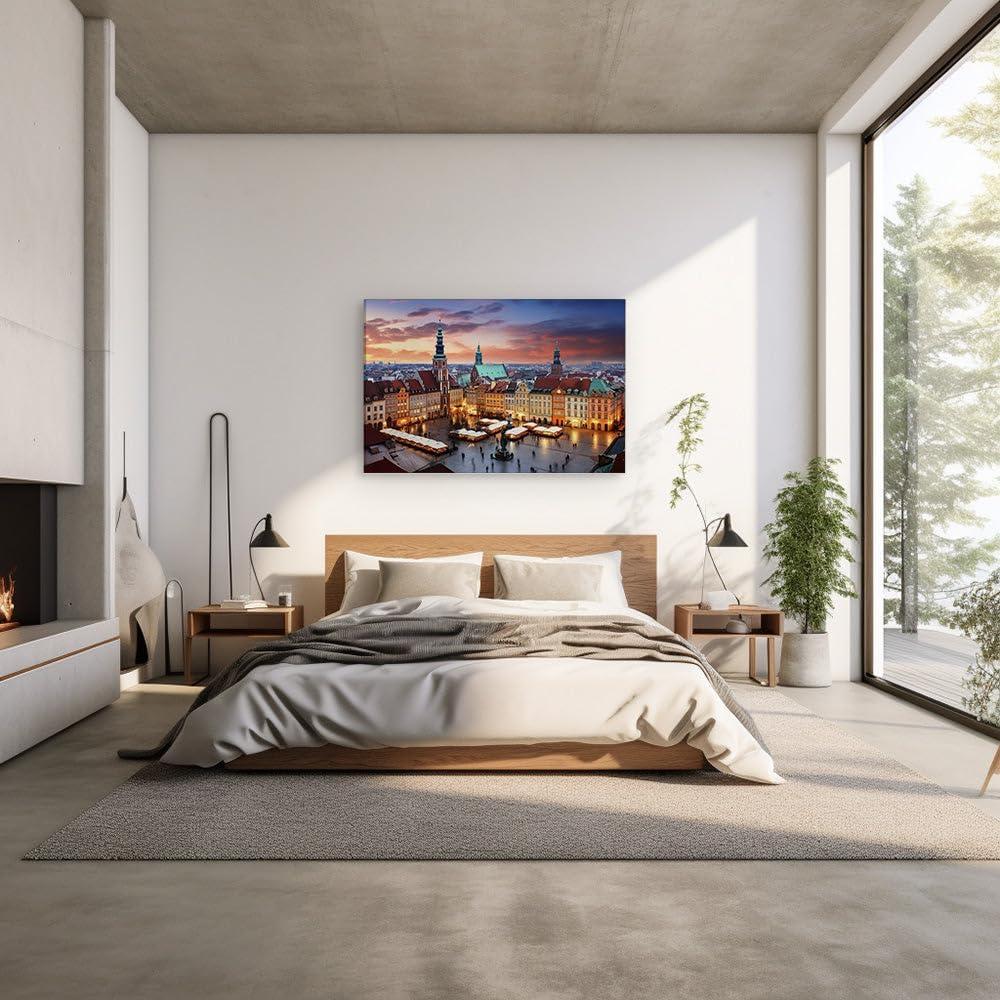 Canvas for Living room. Twilight Magic Over Warsaw's Old Town Square, 27 x 18 inch Canvas Wall Art - Modern Home Decor