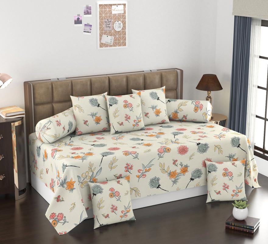 CHHILAKIYA 180 TC Diwan Set 8 Pcs | Pure Cotton | Designer Printed Diwan Set (1 Single Bedsheet, 2 Bolster Covers & 5 Cushion Covers)(MULTI-06)-image-46