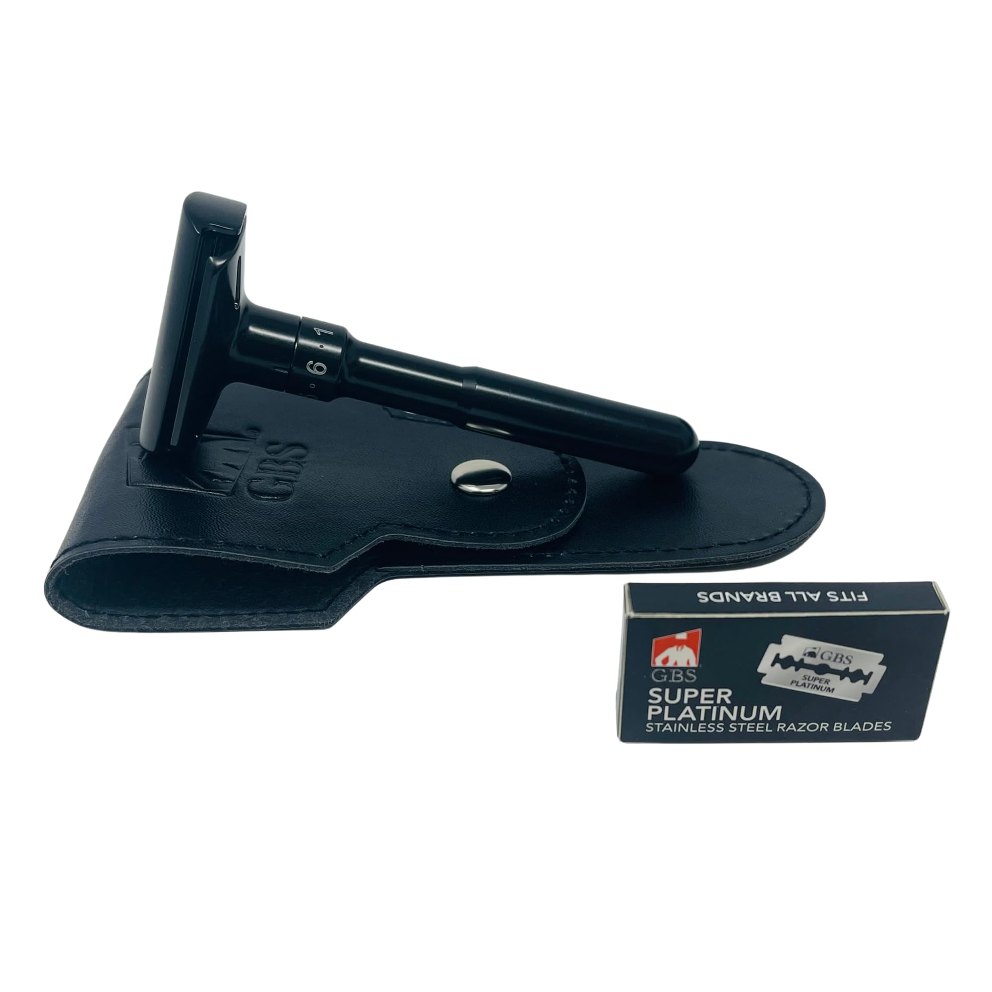 G.B.S Double Edge Safety Razor – Premium Black Steel Shaving Razor with Weighted Handle, Leather Travel Case & 10 DE Blades – Smooth, Close, and Comfortable Shave for Men