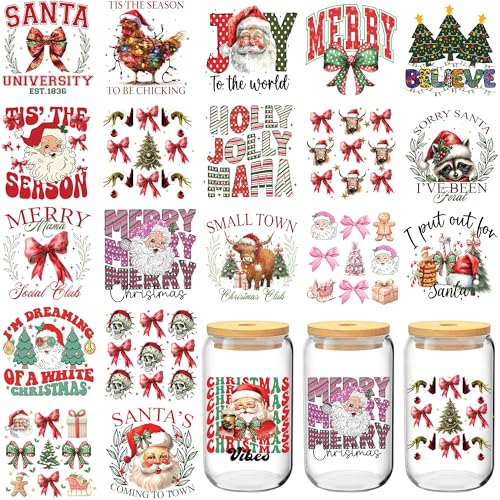 Christmas UV DTF Cup Wrap 20 Sheets Merry Christmas UV DTF Cup Wraps for 16 oz Glass Cute Santa Claus Bow UVDTF Decals Transfer Stickers Waterproof Rub On Transfers for Crafting Xmas Gift