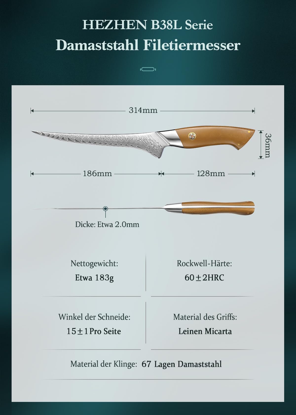 HEZHEN Damaststahl Filetiermesser, Professionelles Fischmesser, Damast Ausbeinmesser Profi, Full Tang Griff aus Leinen Micarta