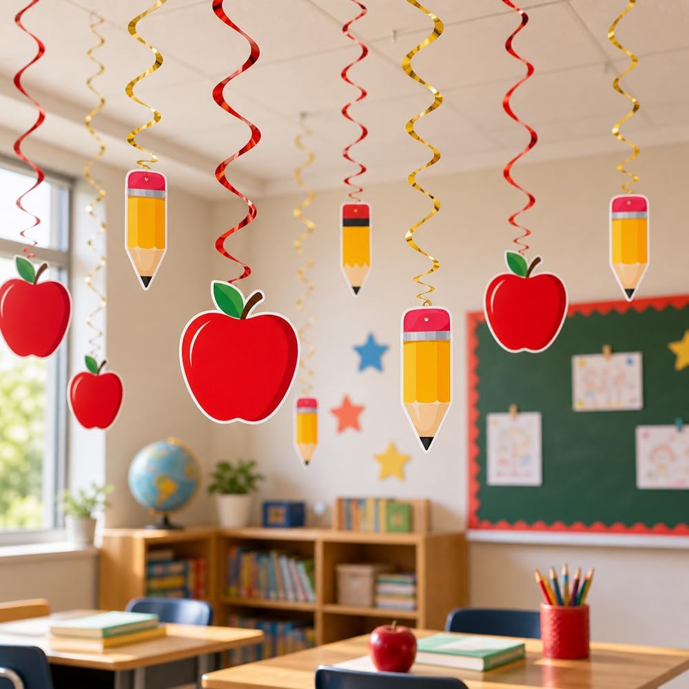 Back to School Hanging Swirls Decorations, 60PCS First Day of School Apple Pencil Swirls Hanging Ornaments for Preschool Elementary Classroom Ceiling Welcome Back to School Party Favors Supplies