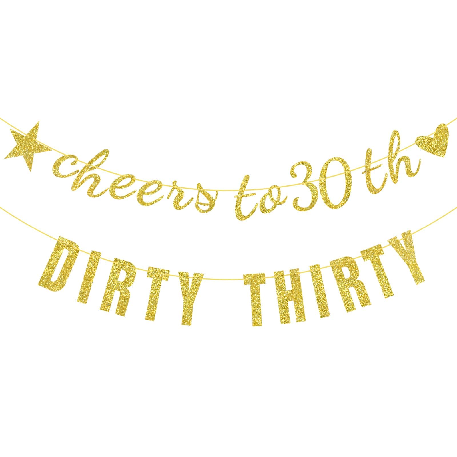 BLMHTWO Pre-Strung Cheers to 30th Dirty Thirty Banner, Gold Glitter Happy 30th Birthday Decorations Banner Sign Dirty 30 Party Supplies for Her Him