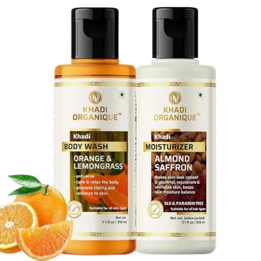 Khadi Organique Orange & Lemongrass Body Wash and Almond Saffron Herbal Moisturizer Lotion Duo for Nourished and Glowing Skin Suitable For All Skin Types Men & Women- 420 ml-picture-41