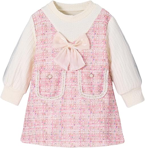 Hopscotch Girls Pink Full Sleeves Bow Detail Tweed Dress