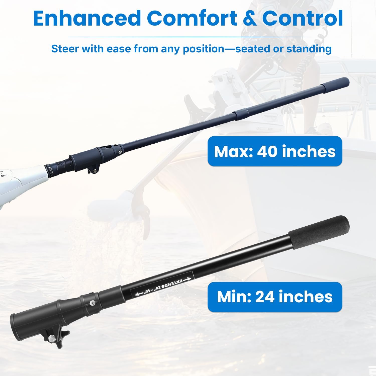 MKA-44 Telescoping Extension Handle Compatible with Minn Kota Transom-Mount Trolling Motors, 24" to 40" Adjustable Steering Handle for Most Hand-Steer Outboard Motors, Tool-Free Quick Install