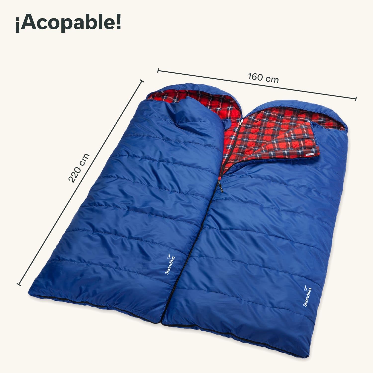 Saco de Dormir Dundee Flannel | Saco de Dormir de algodón para Adultos, acoplable, 3 Estaciones, hasta -20°C, 220 x 80 cm / 220 x 160 cm Saco de Dormir Doble (Azul/Derecha)