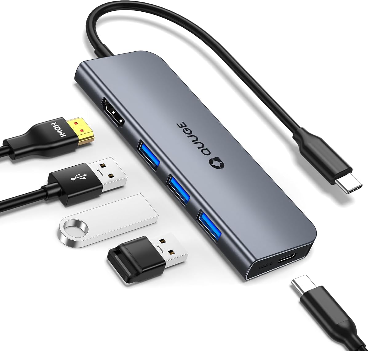 USB C Hub, QUUGE 5in1 USB C HDMI Adapter with 4K@30HZ HDMI, 100W PD, 3×USB A 3.0 Ports, Aluminum Ultra Slim Hub for Switch, MacBook Air/Pro, Galaxy S/Z/Note Series & More.