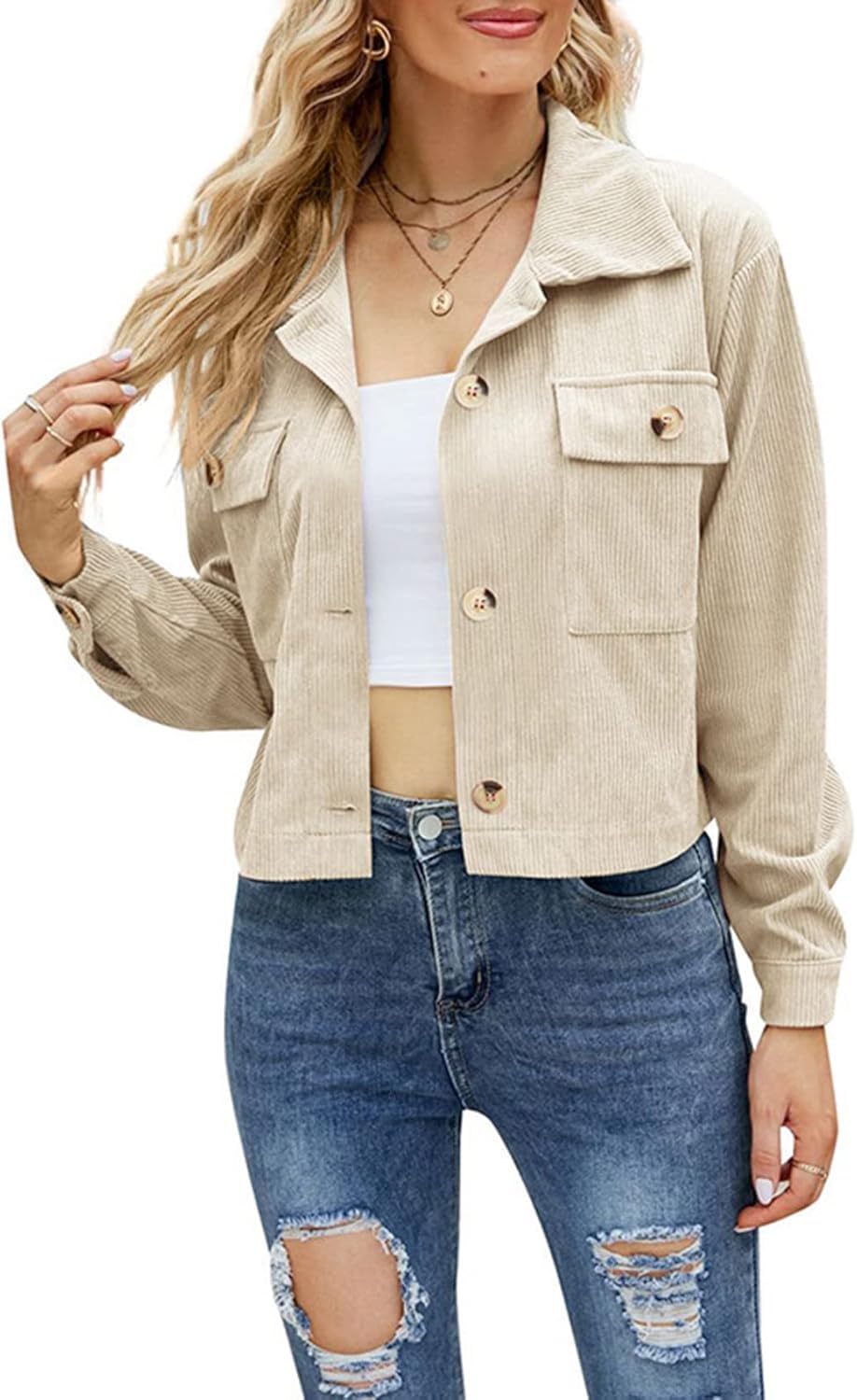 Veste courte velours côtelé femme à manches longues isolante et vintage