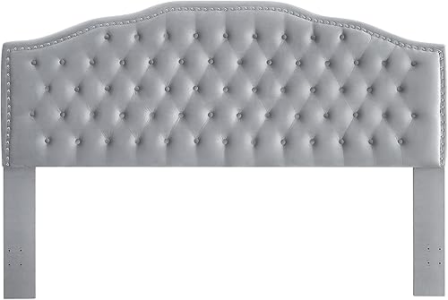 Miniatura 4 de 24KF Cabecera capitoneada tapizada en tela de terciopelo suave con botones y ribete de cabeza de clavos, tamaño KingCal King, color gris