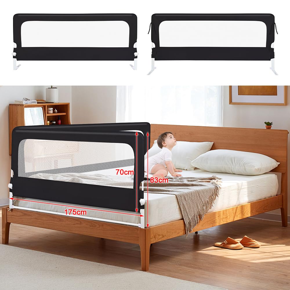 Barrera de cama infantil abatible, tela Oxford, barrera de seguridad infantil, diseño extra alto (negro, 180 x 70 x 26 cm)