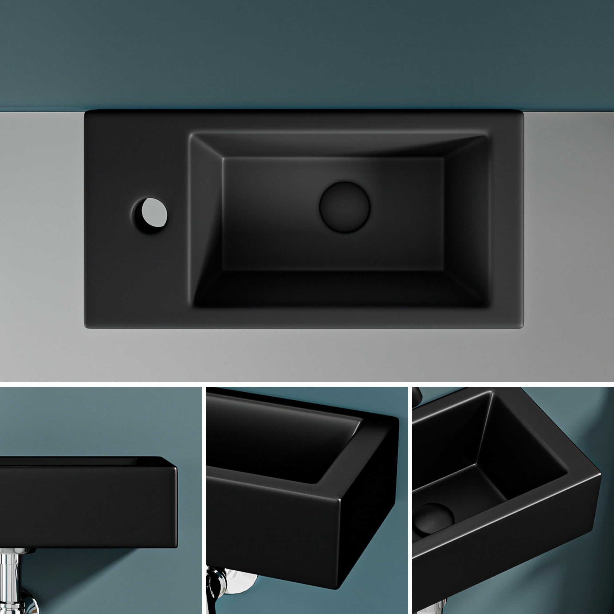 Lavabo compatto nero opaco con uscita sinistra 36,5 x 18 x 9 cm – Lavabo rettangolare in ceramica – ideale per WC, piccoli bagni d'acqua e spazi ristretti