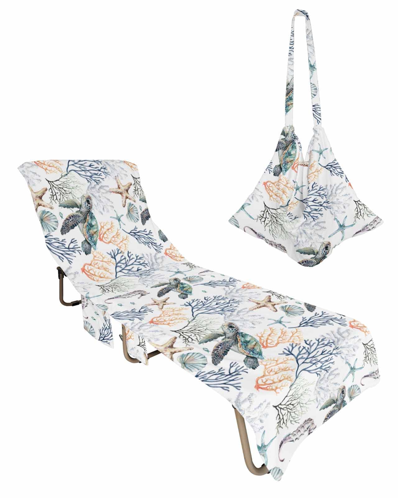 Nautical Coastal Beach Lounge Chair Towel Cover, Soft Chaise Lounge Towel with Side Pockets Patio Pool Chairs Cover for Beach/Pool Sunbathing 29x85 Blue Orange Coral Sea Turtle Beach