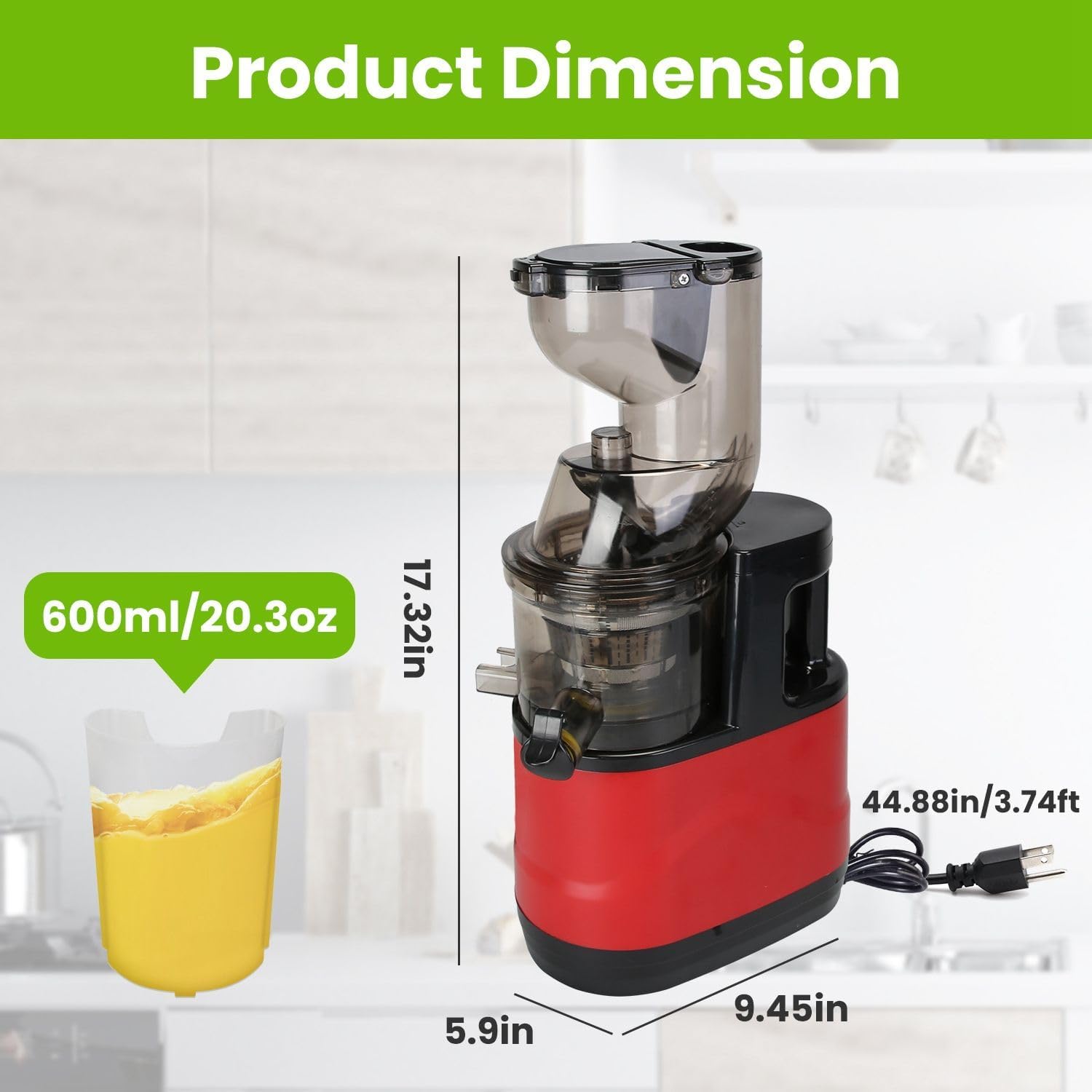 Cold Press Juicer Machine 300W Electric Slow Masticating Juicer for Whole Vegetable and Fruit with Reverse Function 2 Containers Cleaning Brush Clear Marks Easy Cleaning
