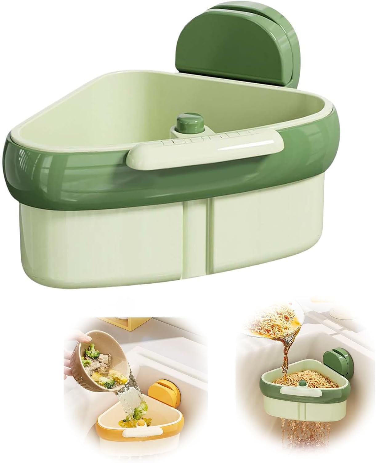 2025 New Upgraded Suction Cup Sink Corner Rack (Green) – Triangular Drain Basket with Drain Hole, Automatic Dumping Strainer & Sponge Storage, Space-Saving Food Waste Catcher for Kitchen 2025 New Upgraded Suction Cup Sink Corner Rack (Green) – Triangular Drain Basket with Drain Hole, Automatic Dumping Strainer & Sponge Storage, Space-Saving Food Waste Catcher for Kitchen