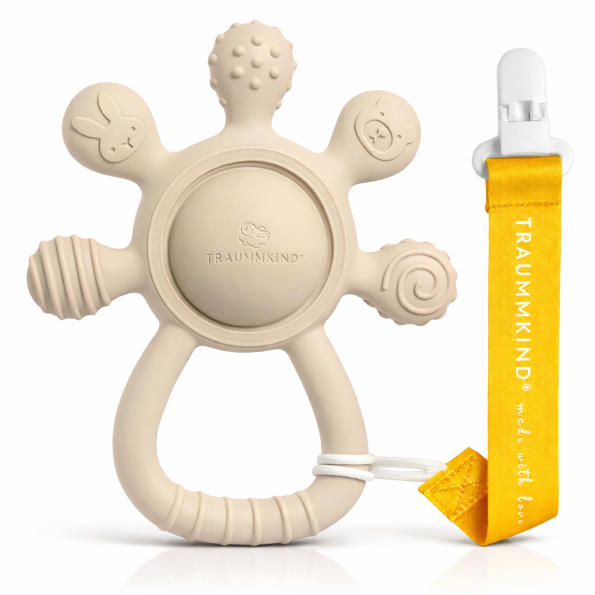 TRAUMMKIND Beißring Baby mit Rassel & Clip – Baby Zahnungshilfe aus BPA-freiem Silikon ab 3 Monate – Greifling & sensorisches Beißspielzeug, Babyrassel, Geschenk zur Geburt (Sand)