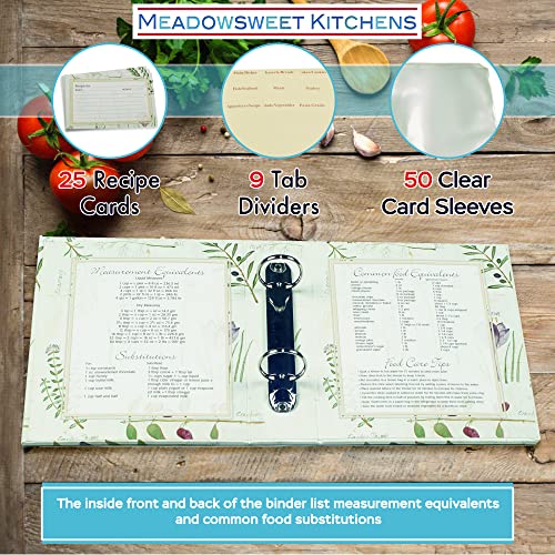 Meadowsweet Kitchens Recipe Card Holder Cookbook Mini 2 Ring Binder Organizer - Recipe Binder Cook Book W/ 25 4 X 6 Cards, 50 Clear Card Sleeves, & 9 Card Dividers W/ Categories (Botanical Treasures) #TOP1