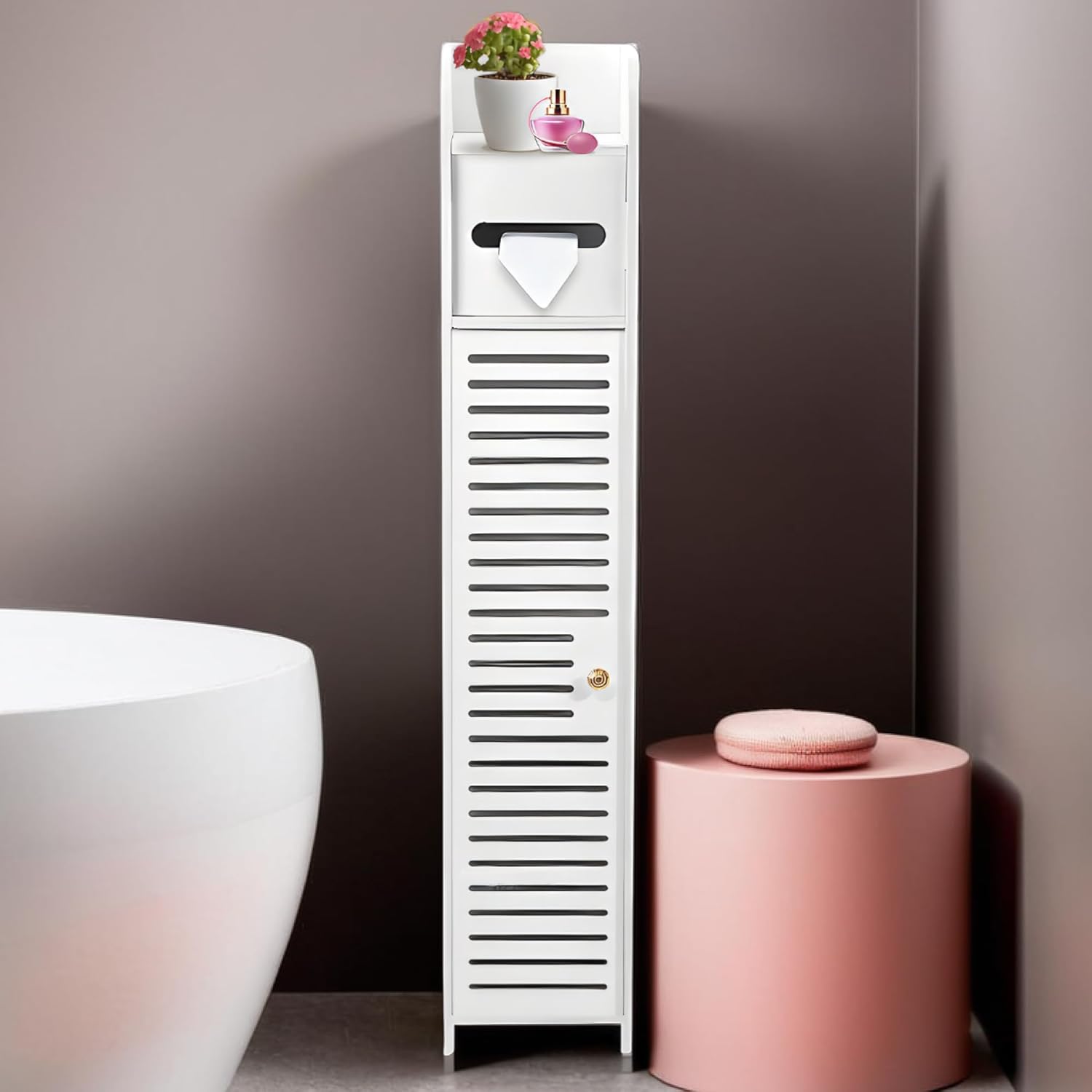 Small Bathroom Storage Cabinet, White Cabinet for Small Spaces, Next to Toilet Storage Slim Bathroom Organizers and Storage Space with Shelves and Two Ventilation Door Holes