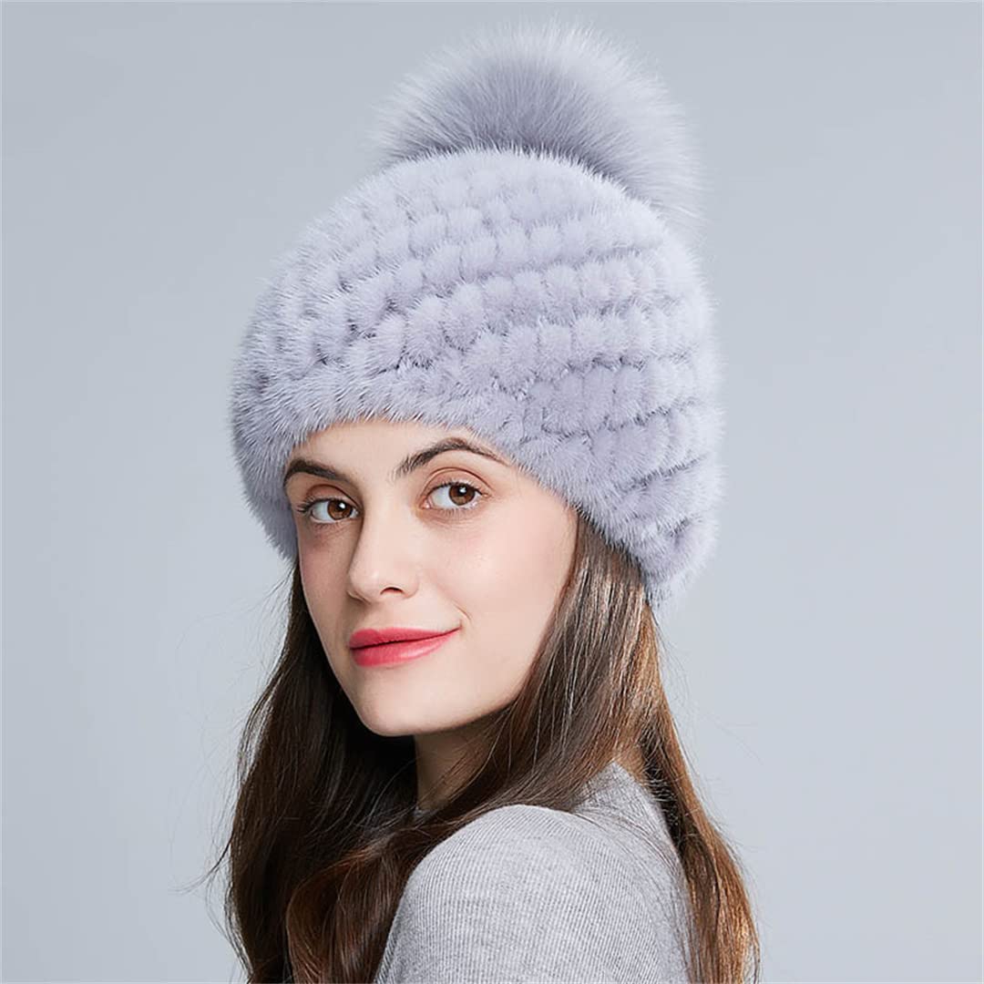Sombreros de Piel de visón de Invierno para Mujer con pompón Moda Forro de Lana cálido Gorros con Orejeras para Mujer