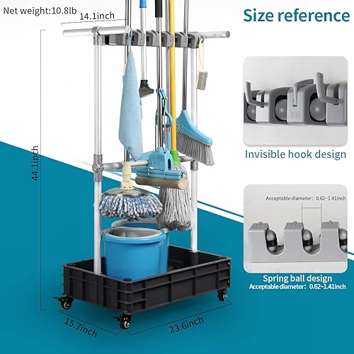 Miniatura 5 de Soporte para escoba y trapeador para trapeadores mojados, soporte móvil para fregona montado en el piso, herramienta de limpieza, almacenamiento