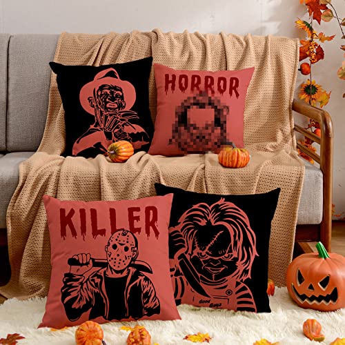 Anydesign Horror Classic Movie Character Pillow Covers Halloween Throw Pillow Case Red Black Scary Cushion Cover For Horror Movie Lovers Party Supplies Home Couch Sofa Decor, 18 X 18, 4 Pack #TOP4