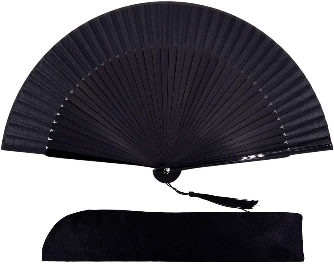 8.27"(21cm) Hand Held Bamboo Silk Folding Fan Hand Fan Foldable, Chinese/Japanese Charming Elegant Vintage Retro Style,Women Ladys Girls Best Gifts (Black)