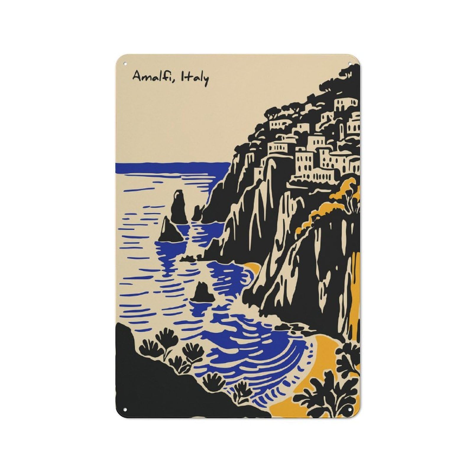 Junmoney Style-1 Metal Plaque 30X20cm With Amalfi Coast Italy Illustration For Pub Or Café, Retro Decor, For Pub Decor Enthusiasts Refreshing A Room In Autumn