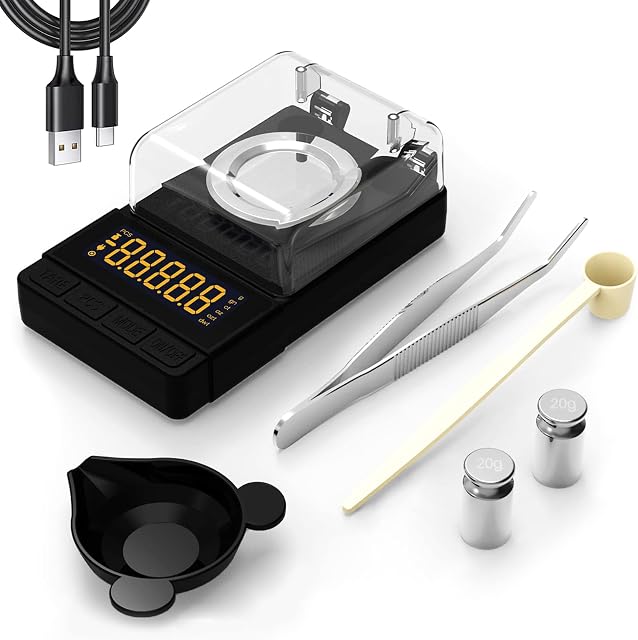 Maxus Digital Milligram Scale 50g/0.001g, Compact Mg Scale with 20g Calibration Weight, Black Powder Scale for Reloading, Includes a Scoop, a Powder Pan and Tweezers