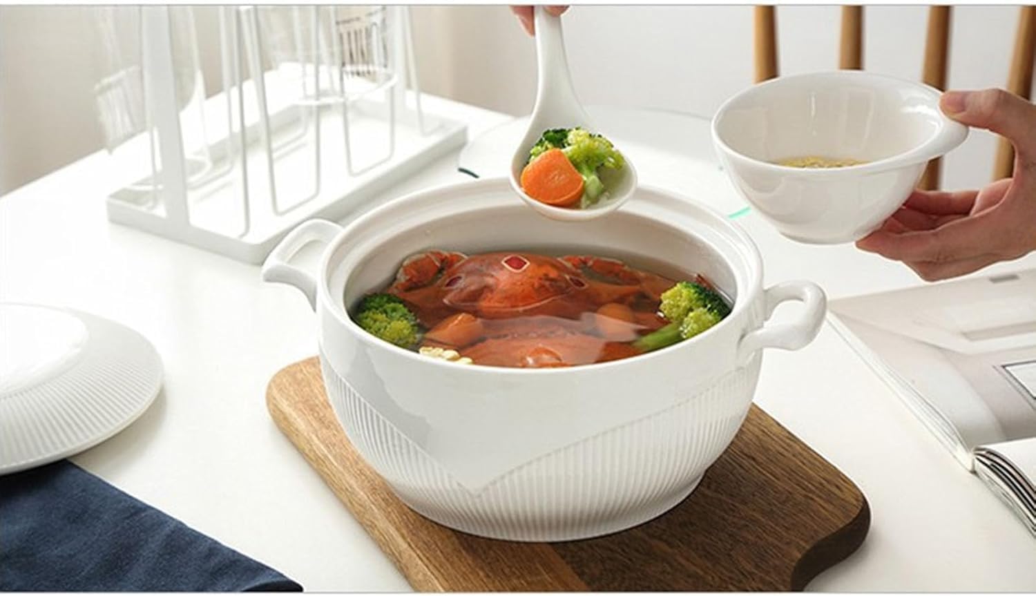 Suppenterrine Aus Keramik Mit Glasdeckel Und Schöpfkelle, Servierschüssel Aus Porzellan Für Restaurant Und Küche, Hübsches Suppentopf-Set 1500ML