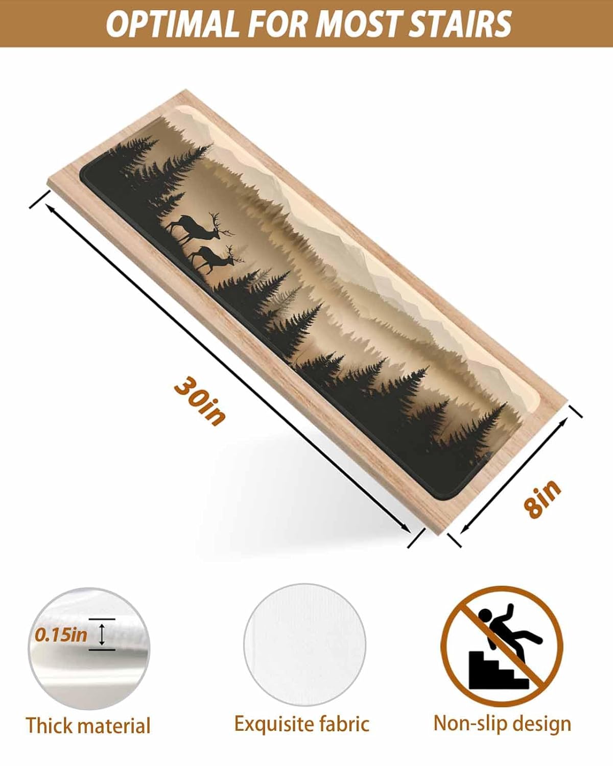 Black Forest Stair Treads for Wooden Steps Indoor Runner Rug Carpet, Deer Silhouettes Foggy Grey Pine Tree 4 Pieces Peel and Stick Staircase Step Treads Covers Washable Throw Door Mats 30"x8"
