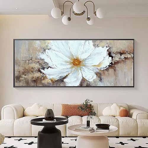 Miniatura 5 de Pintura al óleo de flores blancas pintadas a mano para dormitorio, arte de pared floral grande con marco negro para sala de estar, pintura de pared