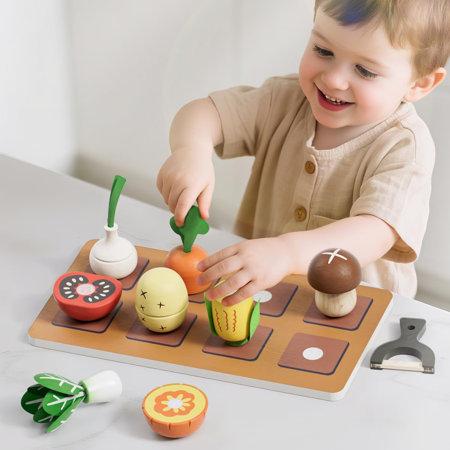 Wooden Play Food Sets for Kids Kitchen, Farm to Table Play Kitchen Accessories, Cooking Set for Kids 3-5, Pretend Cutting Food Toys Girls & Boys