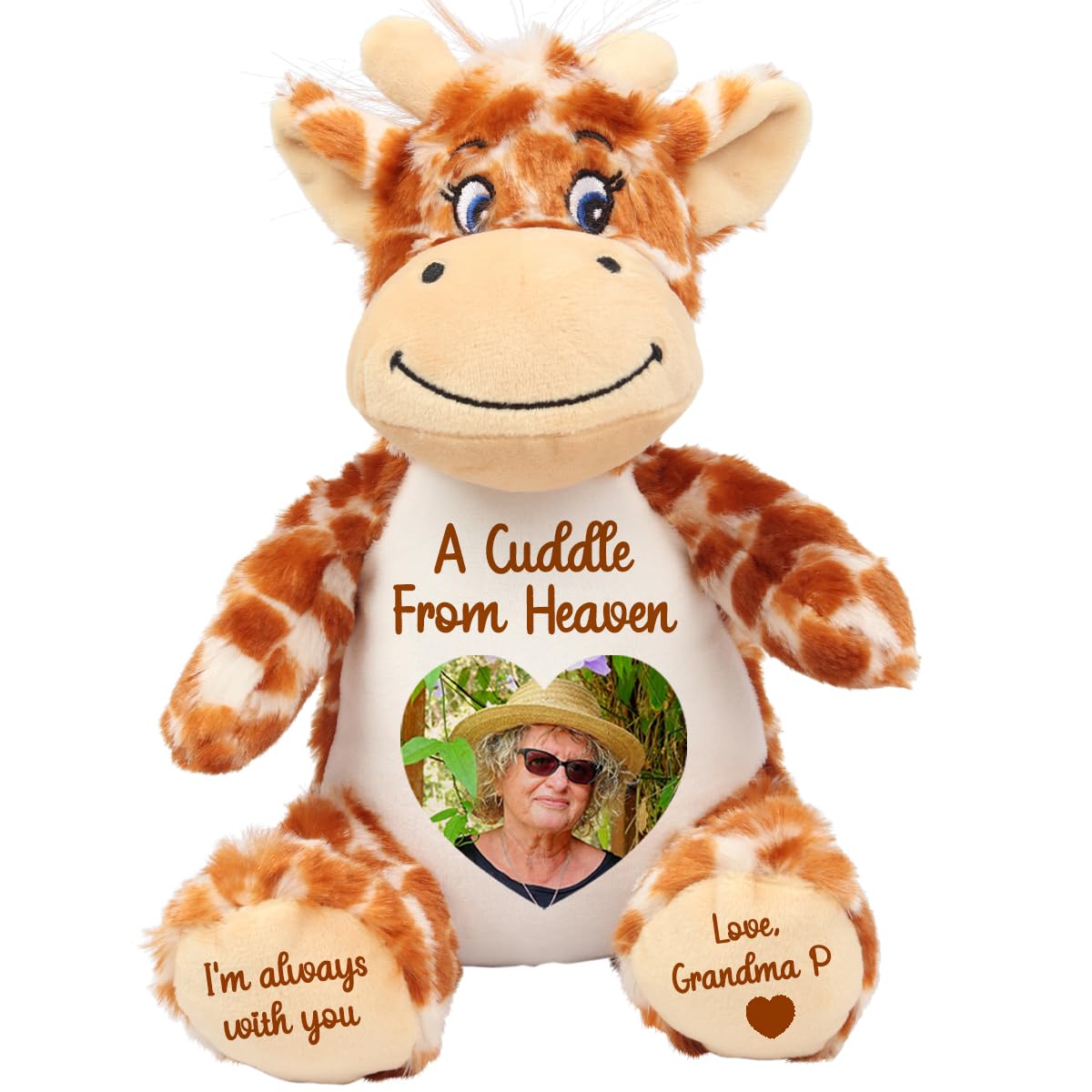 Personalised Memory Teddy Bear with Heart-Shaped Photo – “A Cuddle From Heaven” Keepsake Gift – 28 Bear Styles – Add Your Text & Choose Colour – Custom Memorial Bear (Brown Giraffe)