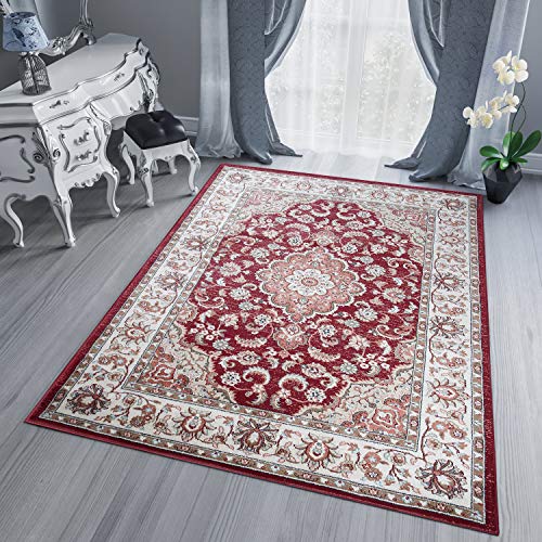 TAPISO Dubai Tapis Poil Court Traditionnel Rouge Ivoire Bleu Motif Médaillon Ornamental Floral Bordure Tapis Salon Chambre Salle à Manger Bureau Oeko-TEX...