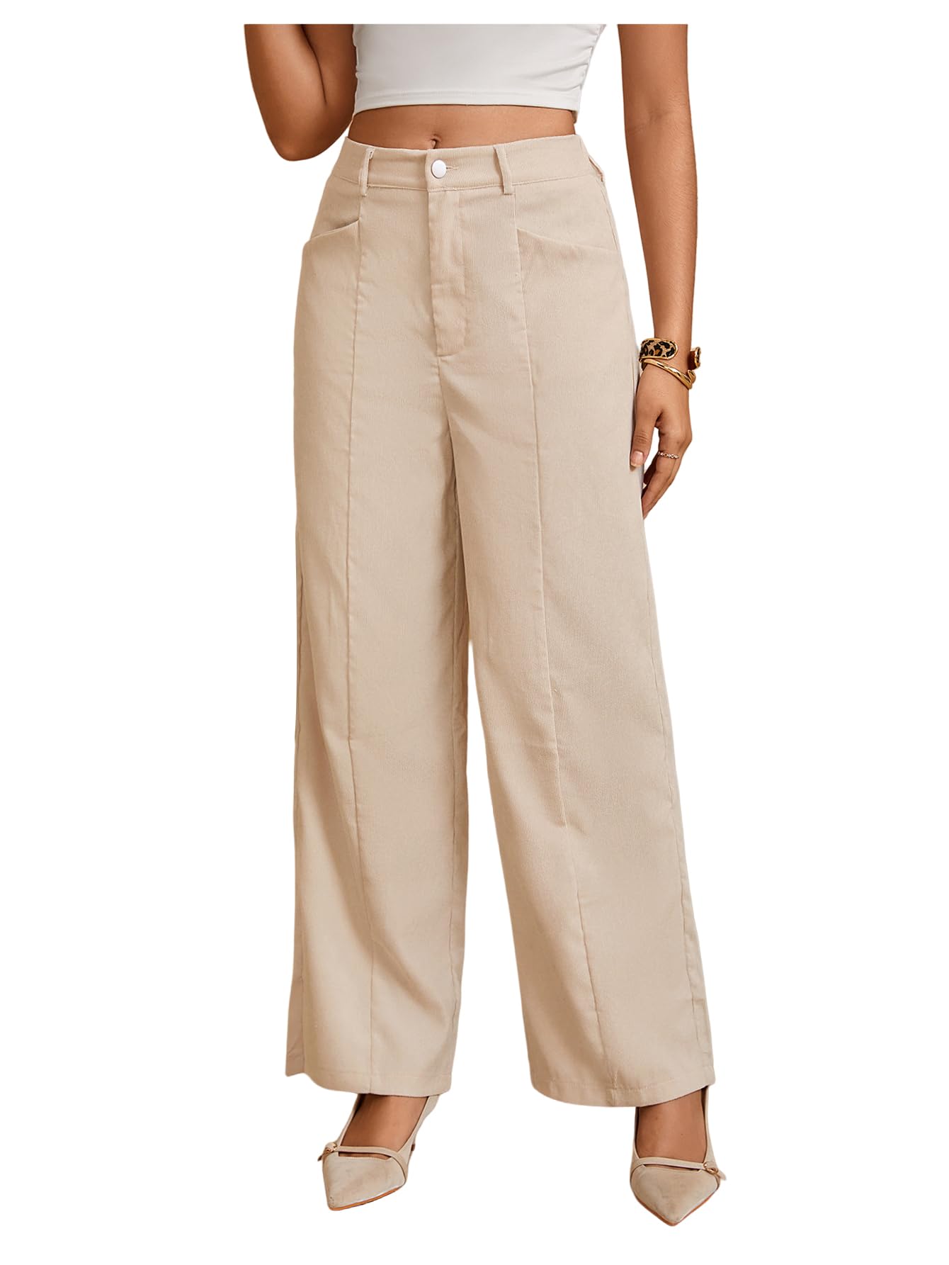 WDIRARA Womens High Waisted Straight Leg Corduroy Long Pants with Pockets