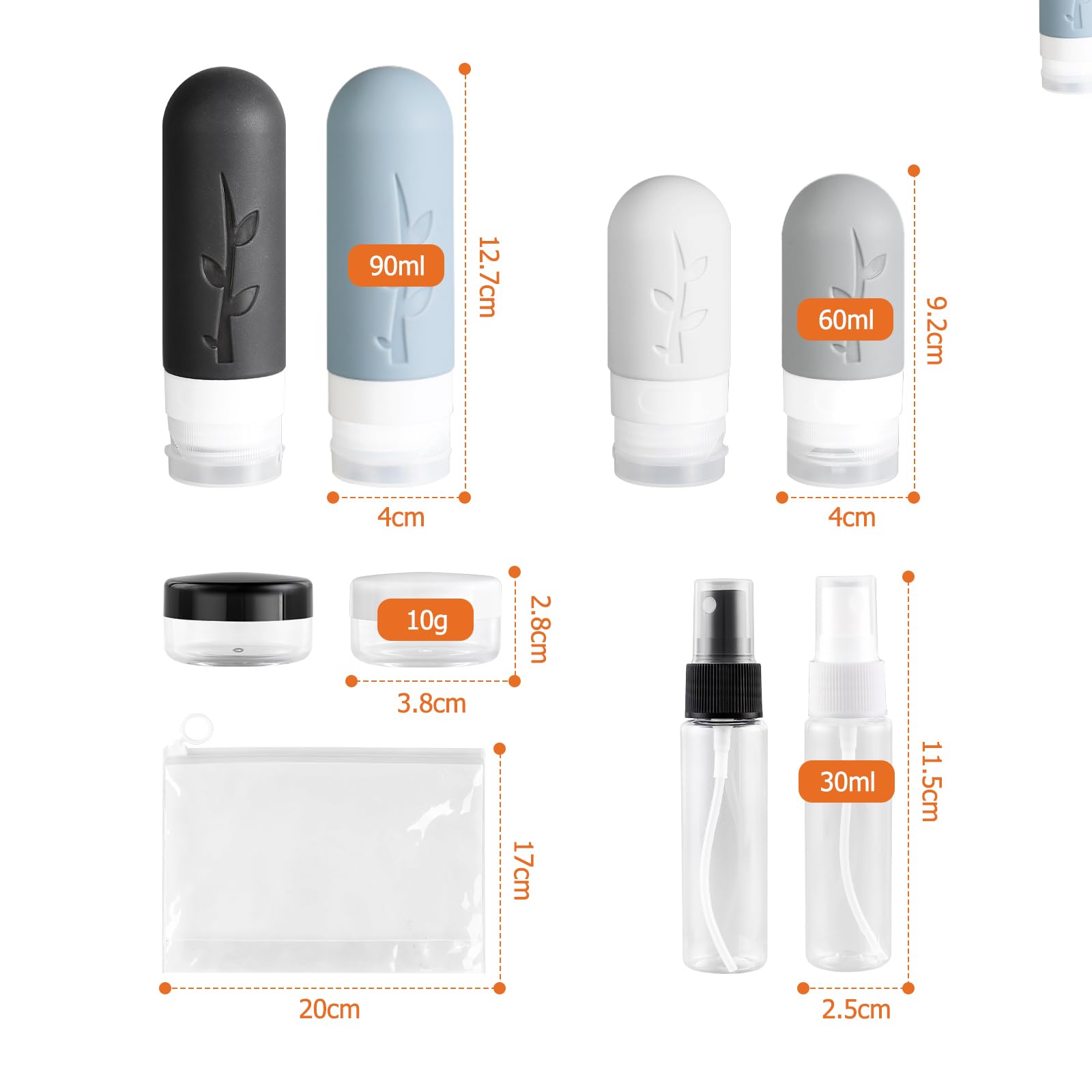 AiQInu Butelki podróżne do napełniania, 8 silikonowych butelek podróżnych, 60/90 ml, szczelne, do wielokrotnego napełniania, zestaw do szamponu, kremu, płukania, nie zawierają BPA