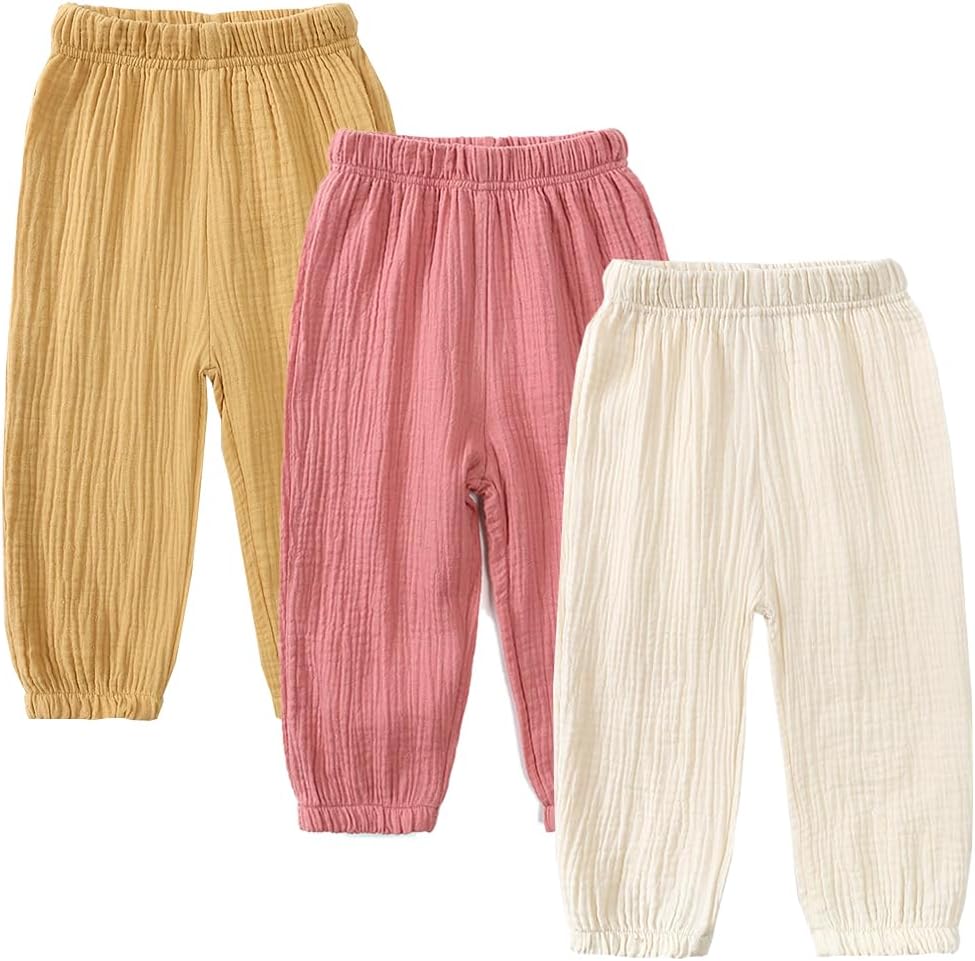 GFQLONG Toddler Baby Girls 3 Pack Elastic Waist Pants Soft Cotton Linen Harem Bloomers Summer Fall Long Pants