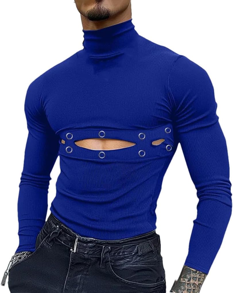 Men's High Neck Hollow Double Breasted Design Slim Fit Base Solid Color Casual Simple Knit Sweater